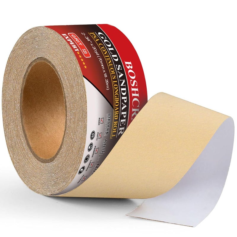 BOSHCRAFT 320 Grit PSA Longboard Sandpaper, 20-Yard Long Continuous Roll 2-3/4" Wide Self-Adhesive Sanding Paper for Auto Body Woodworking Metalworking - Image 1